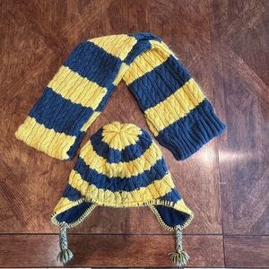 GAP Kids Beanie and Scarf Set Blue Yellow Sz L/XL/OS Fringe Cozy Warm Winter